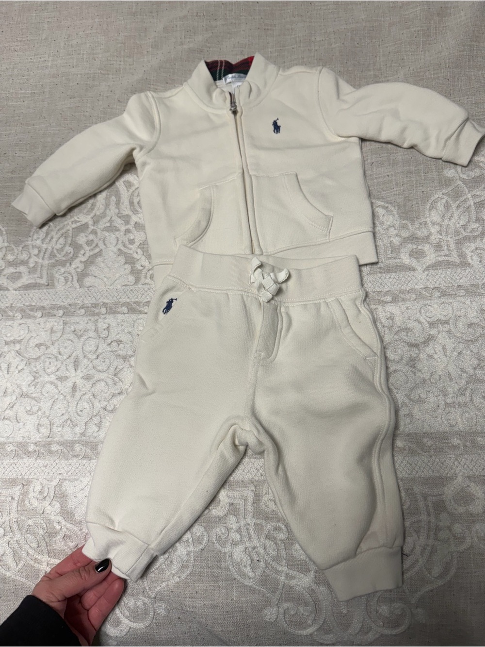 Ralph Lauren Cream Baby Hoodie with Navy Pony & Tartan Lining